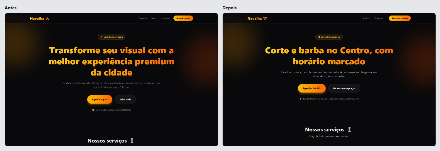 The barbershop's first screen, before and after, with the same dark background and the amber gradient headline.